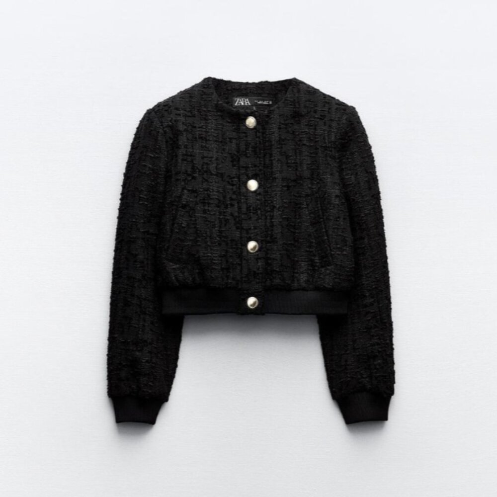 Zara Tweed Bomber Jacket Black